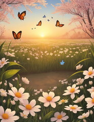 Obraz na płótnie Canvas landscape with flowers and butterflies,generative ai