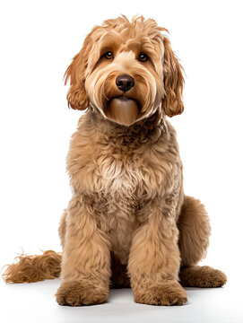 Labradoodle Sitting  Studio Photo Dog on a White Background