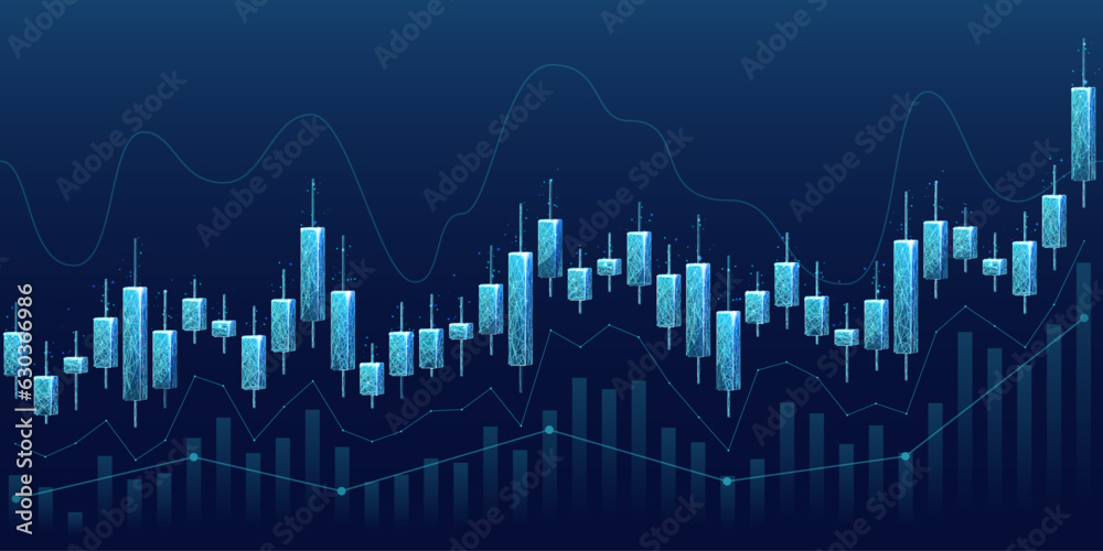 Aufkleber Digital candlestick graph chart of stock in futuristic low poly wireframe style. Web banner of trading cryptocurrency concept. Abstract market investment exchange on technological blue background.