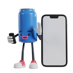 blue can of soft drink cartoon character making video call and waving hand on big phone background, 3d illustration of soft drink cans