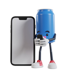 blue can of soft drink cartoon character Typing Message on the Smartphone, 3d illustration of soft drink cans