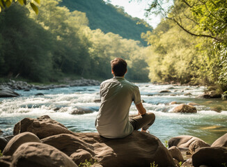 A person sitting on a rock by a river enjoying the sound of the water, mental health images, illustration images for commercial use