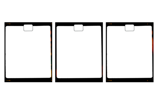 Different retro photo movie film strip with sprocket, in portrait format, with markings vintage filmstrip on transparent background with minimal light leak, for social media in portrait format