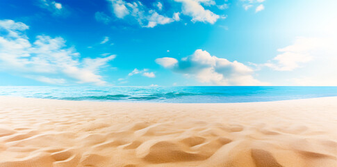 Fototapeta na wymiar Calm summer empty beach. With bright blue water. Vacation, trip, vacation, flight. Ai generation