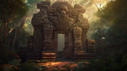 Obraz premium Mayan gate in the forest. Created with generative AI. 