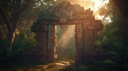 Mayan gate in the forest. Created with generative AI.	
 - obrazy, fototapety, plakaty