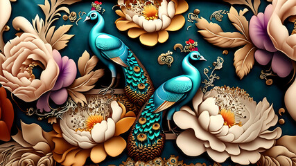 Elegant leather base combines bright color floral with exotic oriental pattern flowers and peacocks illustration 