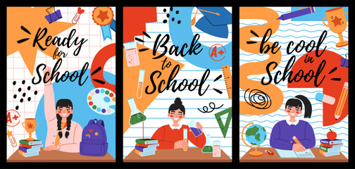 Colorful trendy Back to school posters design with school children and education accessories elements.