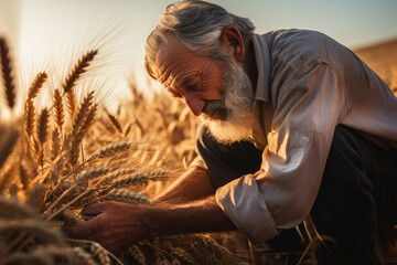 Obraz premium Man joyously working in a wheat field - Agriculture and happiness - AI Generated