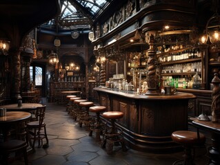 Fototapeta na wymiar Interior of a classic European beer pub, wooden finish, decorations, bar counter, lounge, chairs