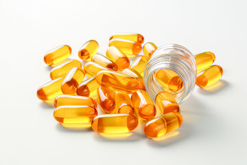 Essential nutrients in the form of yellow capsules showcased on a pale surface.. Ai generation