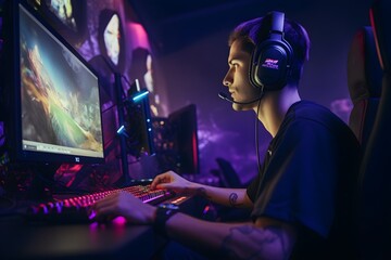 Competitive Gaming at Its Finest: An e-sports athlete engrossed in streaming a live gaming session,...