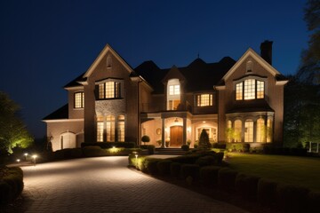 Luxurious mansion with landscape and lighting at night.