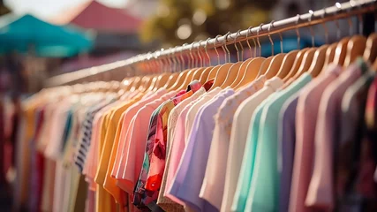 Fotobehang Many cloths on clothing rack in street market. © mariiaplo