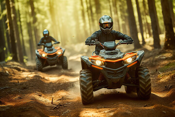 Fototapeta na wymiar Thrilling ATV Adventure Two Riders Speed Racing Through the Forest Wilderness. created with Generative AI