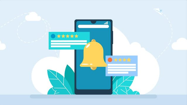 Smartphone with notification. Alarm clock reminder message on the screen. New email message on the phone. Alert message. Notification concept of new message or notice. Unread email. 2d flat animation.