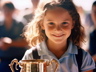 Cheerful student showcasing a won trophy, symbolizing academic success, determination, and joyful accomplishment in her educational journey