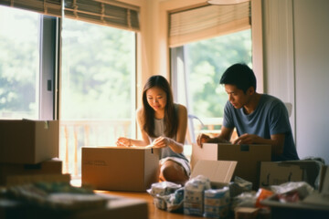Joyful couple unboxes possessions in their first home, marking a life milestone. Their authentic happiness radiates, encapsulating the pride of home ownership - obrazy, fototapety, plakaty