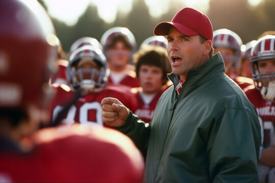 Inspiring High School Football Coach Delivering A Passionate Speech, Promoting Leadership And Motivation To A Captivated Sports Team