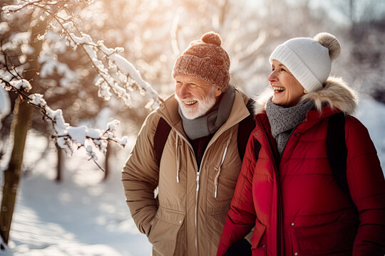 Best agers enjoying a winter walk, snowy forest. Senior couple walking in a forest, snow falling. Happiness of being outdoors and having mobility.