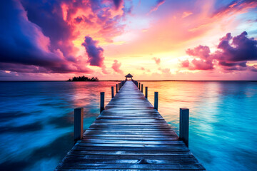 Fototapeta premium Water gazebo at sunset. Pier to the horizon. Ai generation