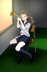 トランペットを吹いている少女
