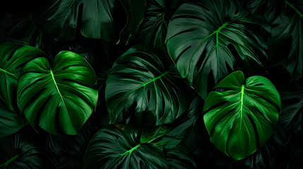 Monstera green leaves or Monstera Deliciosa in dark tones, background or green leafy tropical pine forest patterns for creative design elements. Philodendron monstera textures.