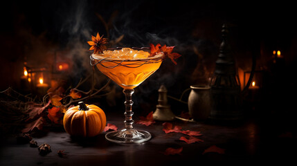 Close up view of tasty orange cocktail in a glass with decor for Halloween, on dark background - Powered by Adobe