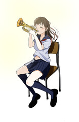 トランペットを吹いている少女