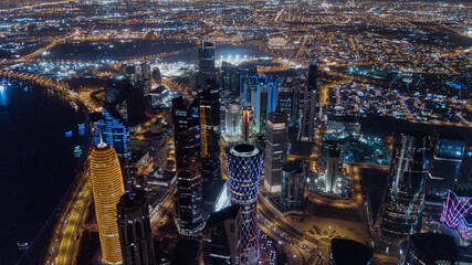 Aerial View to the Colorful Night Life of Doha city center, Qatar