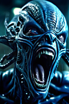 Generative AI Illustration of a Screaming blue alien cyborg