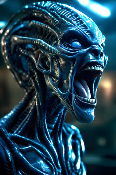 Generative AI Illustration of a Screaming blue alien cyborg