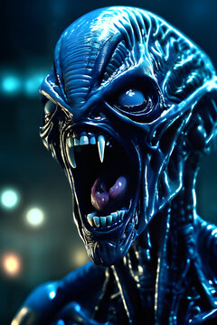 Generative AI Illustration of a Screaming blue alien cyborg
