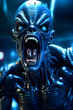 Generative AI Illustration of a Screaming blue alien cyborg