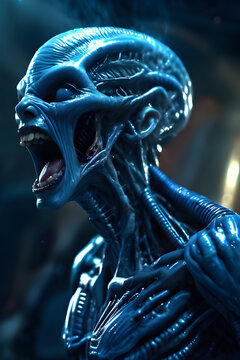 Generative AI Illustration of a Screaming blue alien cyborg