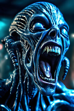 Generative AI Illustration of a Screaming blue alien cyborg