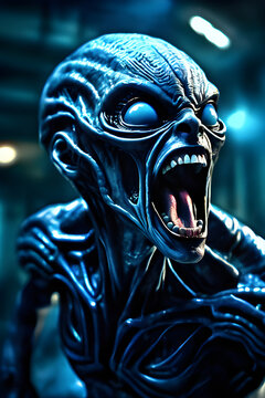 Generative AI Illustration of a Screaming blue alien cyborg