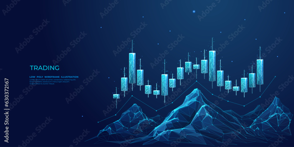 Poster Hi-tech hologram of mountain ranges with glowing vector chart of investment financial data. Stock market concept. Low poly wireframe vector illustration. The path to success or investment goals.