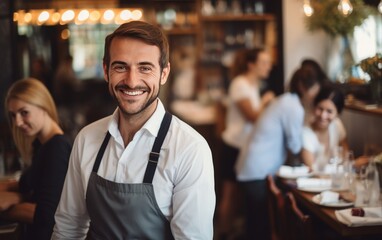 Fototapeta premium Confident and happy man waitress at the restaurand=t