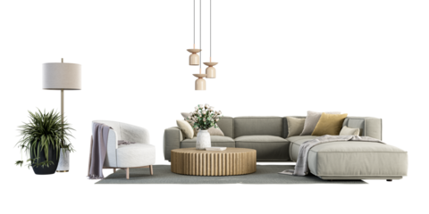 living room interior with sofa and plant on white