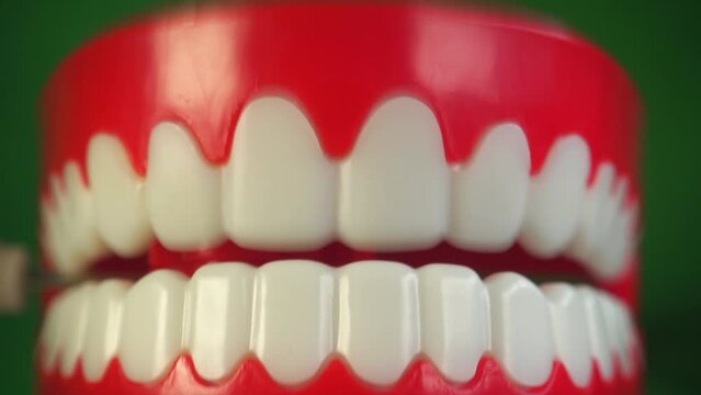 Wind up mechanical joke toy chatty teeth close up in slow motion.