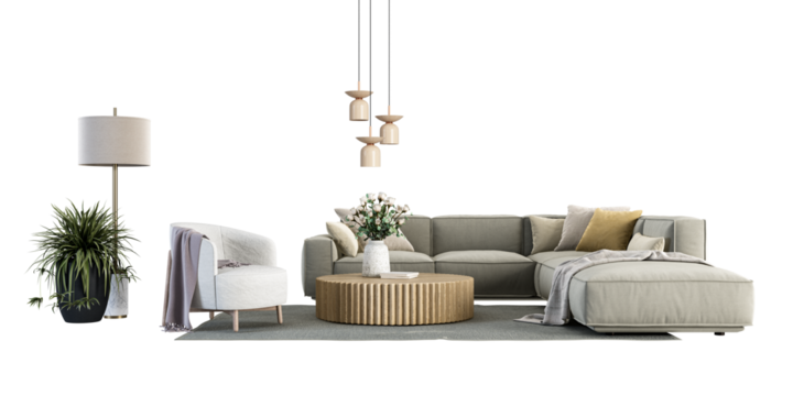 living room interior with sofa and plant on white