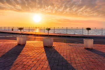 Fototapeta na wymiar picturesque view of sunrise or sunset landscape on a sidewalk with pavement and sea promenade with three flower pots with small trees