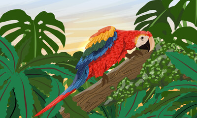Large brightly colored scarlet macaw parrot sits on the branches of a tropical tree with moss and large leaves. South America and Africa. Realistic vector landscape © AnnstasAg