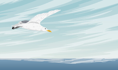 Sea gull flies in the sky over the sea. Realistic vector landscape