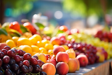 Various fresh fruits and berries at farmers market. Generative AI