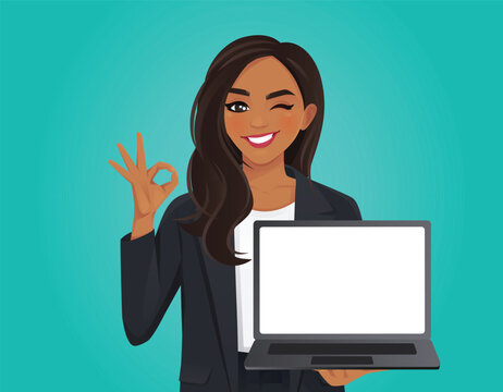 Indian Elegant Business Woman Holding Blank Empty Screen Laptop Pc Computer Gesturing Ok Sign Isolated On Blue Green Background Vector Illustration