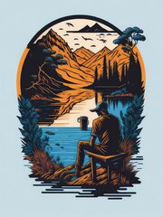 Illustration of a person enjoying the peaceful view of a lake while sitting in a chair created with Generative AI technology