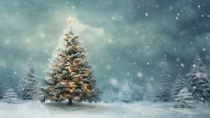 Snow covered christmas tree in winter forest with copy space, Blue winter snowy landscape with snowflakes and blue sky