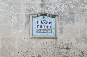 Street sign in Matera old town, Italy